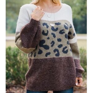 Leopard Print Lurex Color-block Bubble Sleeve Sweater